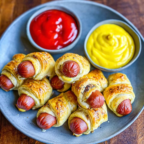 A plate of pigs in a blanket with ketchup and mustard.