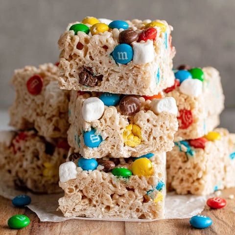 A stack of M&M Rice Krispie Treats.