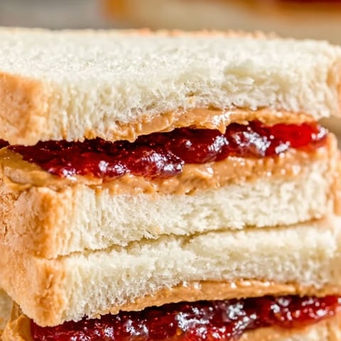 A stack of peanut butter and jelly sandwiches.