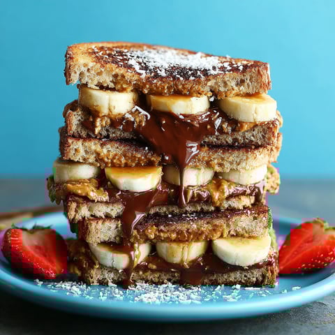 A stack of grilled banana sandwiches with Nutella and chocolate.
