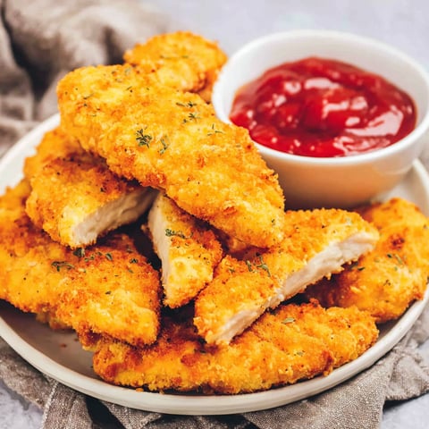 A plate of homemade chicken tenders with ketchup.