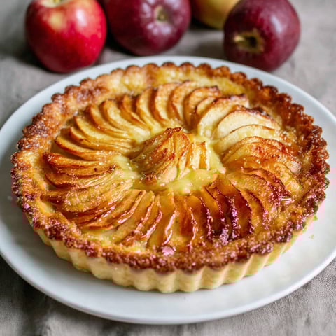 A slice of caramel apple tart on a plate.