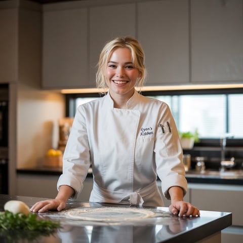 A woman in a white chef's coat smiles at the camera.