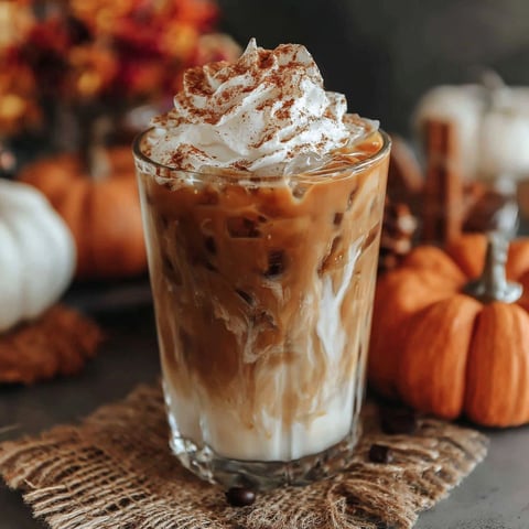 A glass of Starbucks Copycat Iced Pumpkin Spice Latte.