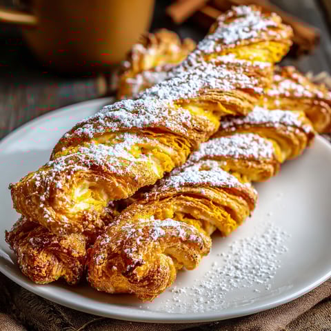 A plate of pumpkin pie twists with powdered sugar on top.