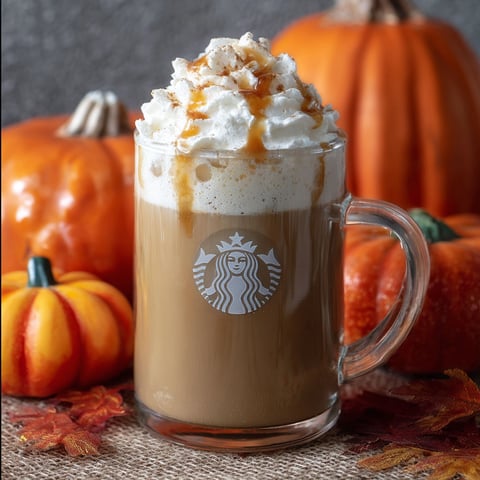 A Starbucks Pumpkin Spice Latte is topped with whipped cream.