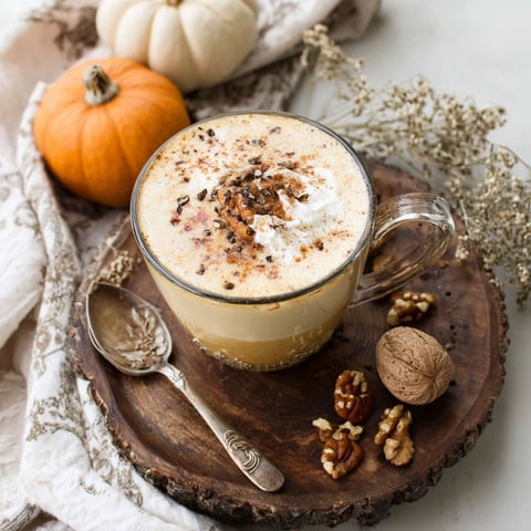 A cup of pumpkin pecan chai latte with a spoon and a nut on a table.
