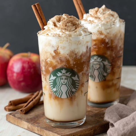 Two glasses of Starbucks Iced Apple Crisp Oatmilk Shaken Espresso.