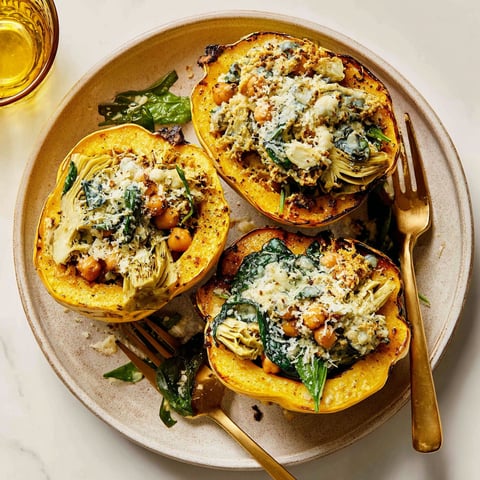 A plate of roasted carnival squash with savory chickpea filling.
