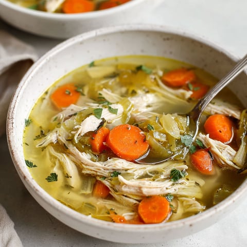 A bowl of soup with chicken and carrots.
