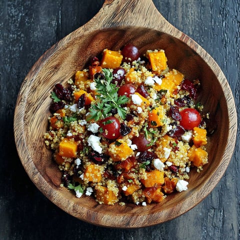 A bowl of food with butternut squash and quinoa.