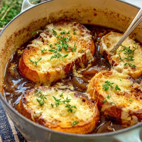 A bowl of French onion soup with bread.