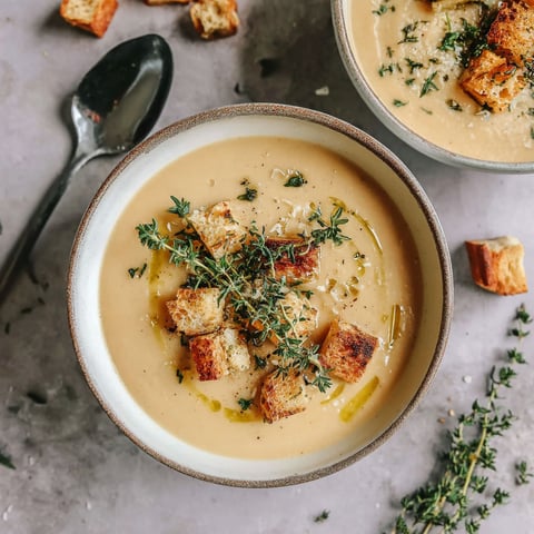 A bowl of soup with a spoon in it.
