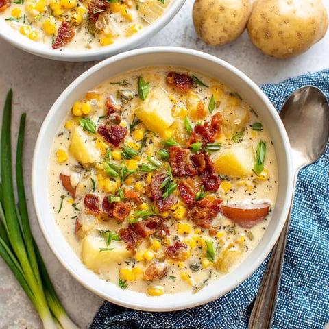 A bowl of potato corn chowder with a spoon in it.