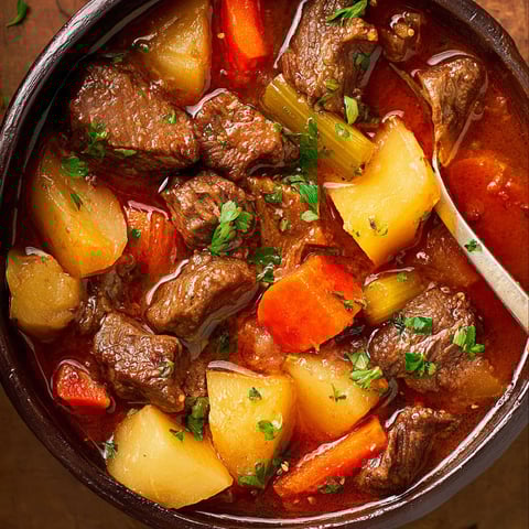 A bowl of beef stew with carrots and potatoes.