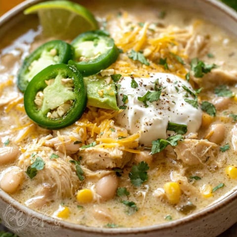 A bowl of chili with green peppers and white cheese.
