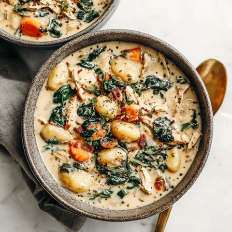 A bowl of soup with chicken, gnocchi, and spinach.