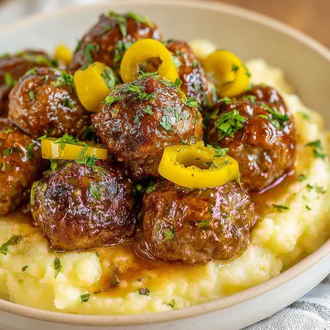 A plate of meatballs with a yellow pepper on top.