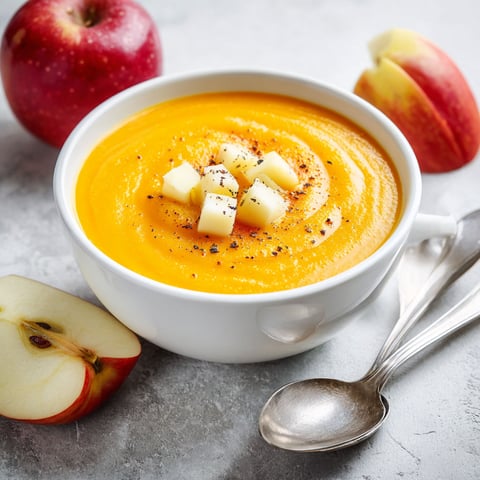 A bowl of butternut squash soup with a spoon in it.