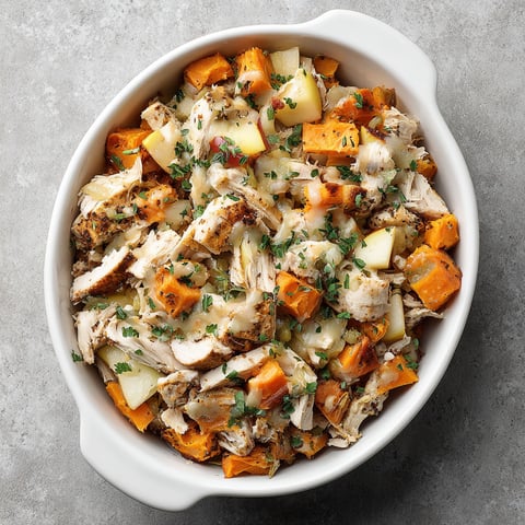 A bowl of leftover turkey, sweet potato and apple casserole.