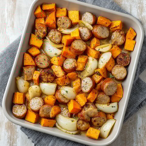 A dish of sausage and sweet potatoes.