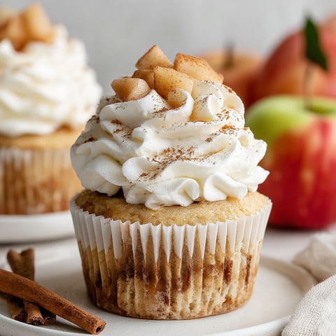 A cupcake with a whipped cream topping and a piece of apple on top.