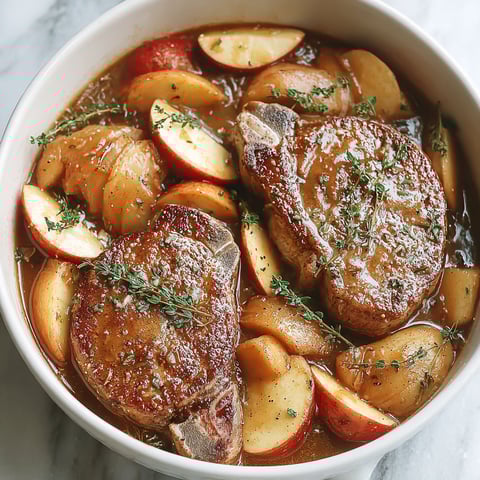 A bowl of pork chops and apples.