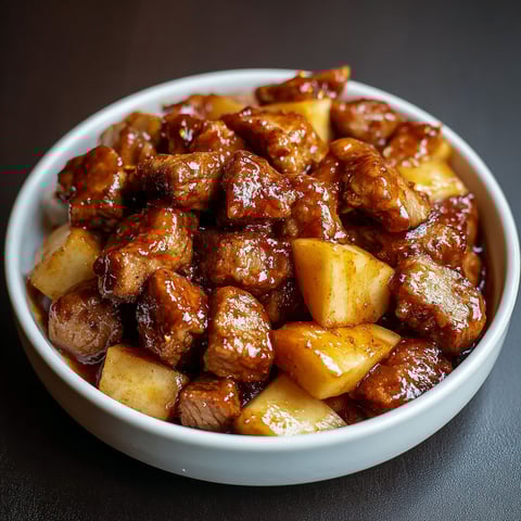 A bowl of caramelized pork and apples.