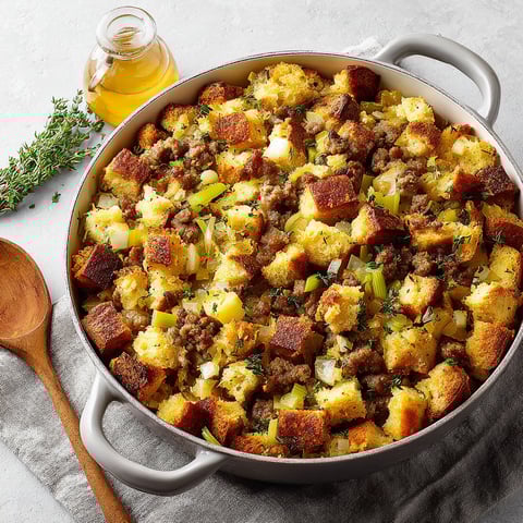 A large pot of sausage stuffing.