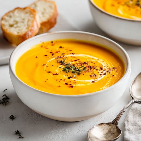 A bowl of soup with a spoon in it.