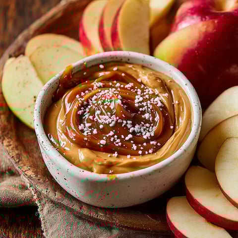 A bowl of caramel apples with a spoon in it.