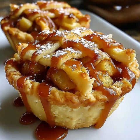 Two mini pies with caramel sauce and apple toppings.