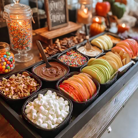 A tray of caramel apples with various toppings.