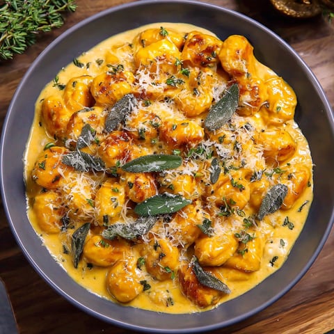 A bowl of creamy pumpkin gnocchi.