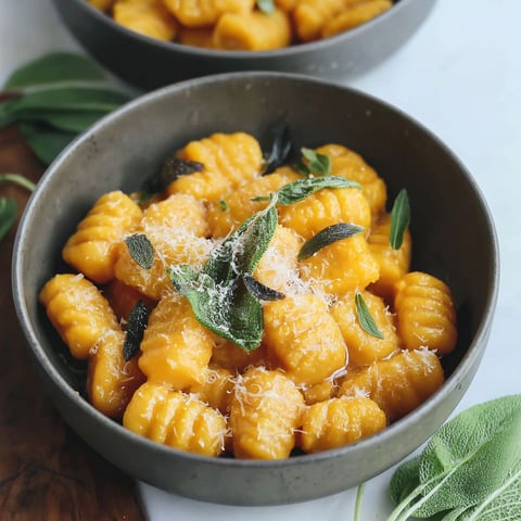 A bowl of pumpkin gnocchi with vegan sage butter.