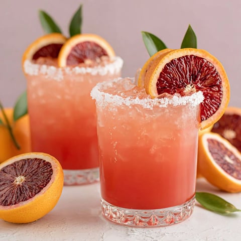 Two glasses of blood orange margarita with slices of blood orange.