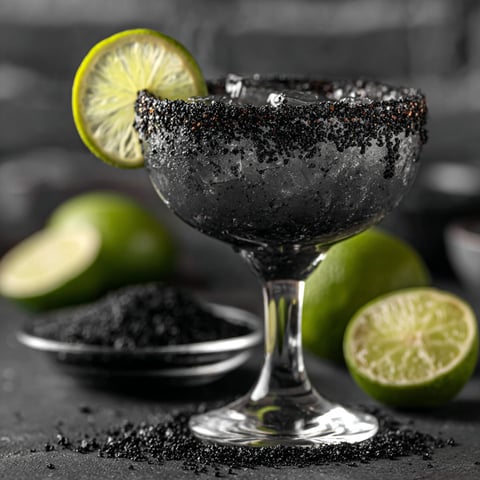 A glass of black margarita with lime.