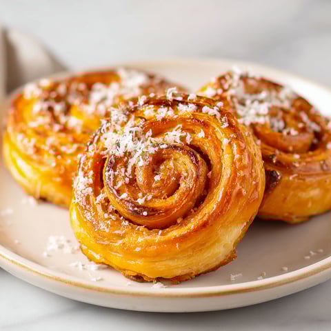 Two pumpkin puff pastry pinwheels on a plate.