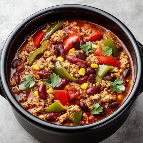 A bowl of chili with meat and vegetables.