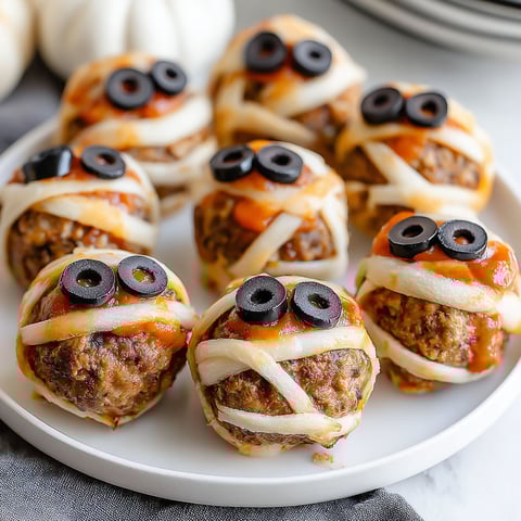 A plate of meatballs with black olives and marinara sauce, shaped like a mummy.