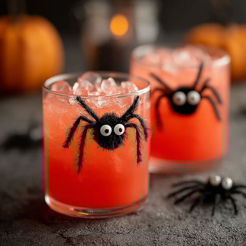 Two glasses of pink drink with spiders on them.