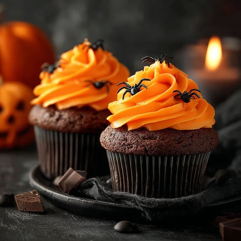 Two Halloween chocolate cupcakes with orange buttercream.