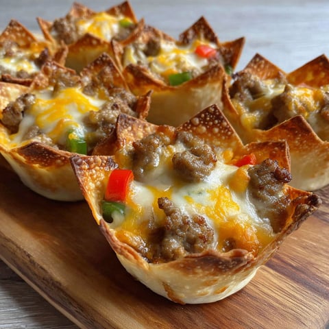 Cheesy sausage wonton cups on a wooden table.