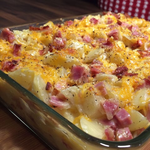A cheesy ham potato casserole in a glass dish.