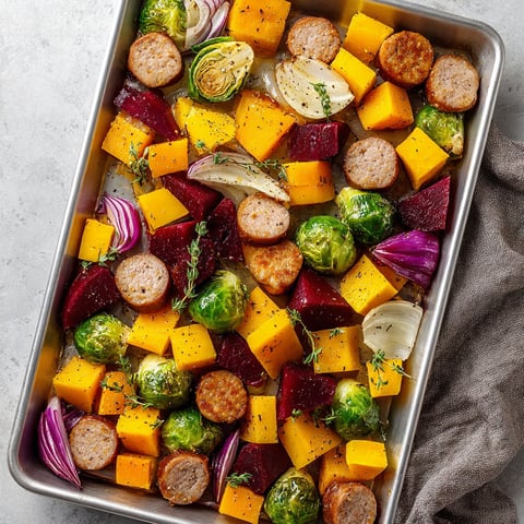 A pan of roasted vegetables and sausage.