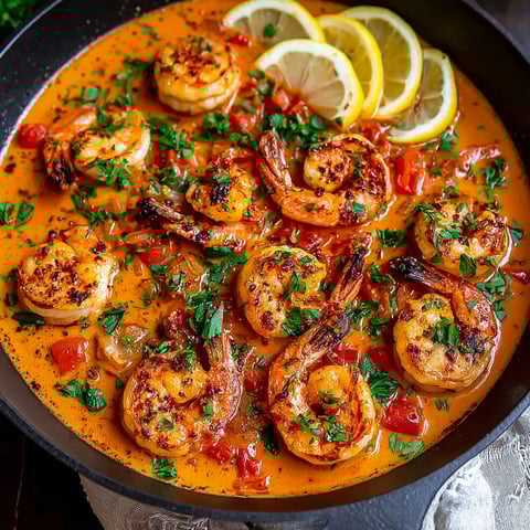 A bowl of shrimp with garlic, paprika, and lemon.