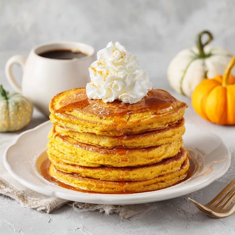 A stack of fluffy pumpkin pancakes with whipped cream on top.