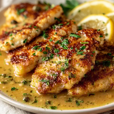 A plate of chicken scallopini with lemon wedges on the side.