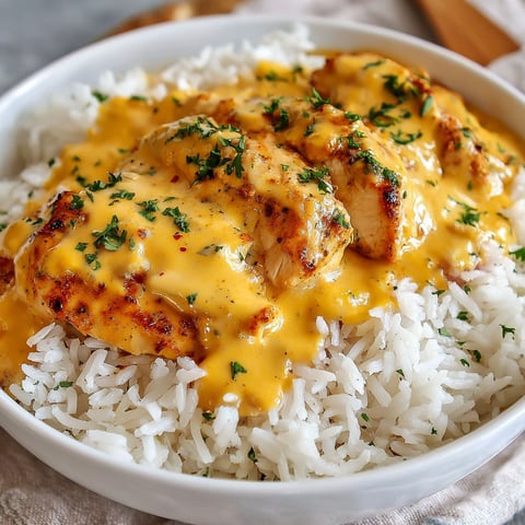A bowl of rice with chicken and cream sauce.