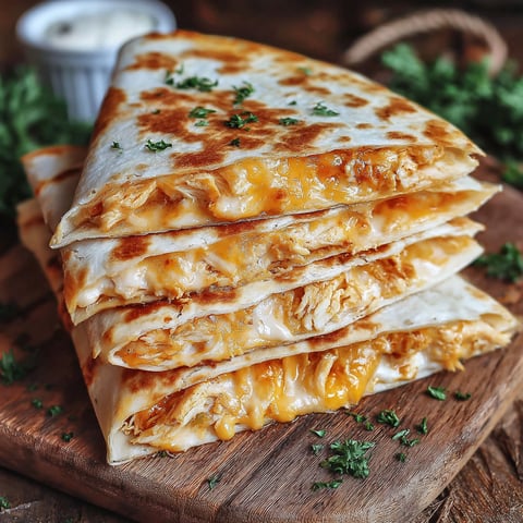 A stack of chicken quesadillas on a cutting board.